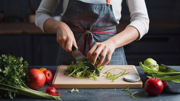 フロントビュー 女性の料理人が野菜サラダを作り 暗い背景のキッチンで野菜を切っています