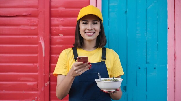 Photo a front view female courier in yellow shirt and yellow cap holding bowls with food and smarpthone s