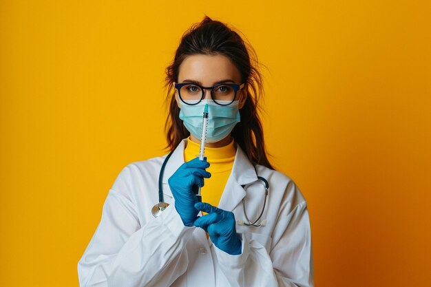 Front view female doctor holding big injection on yellow space