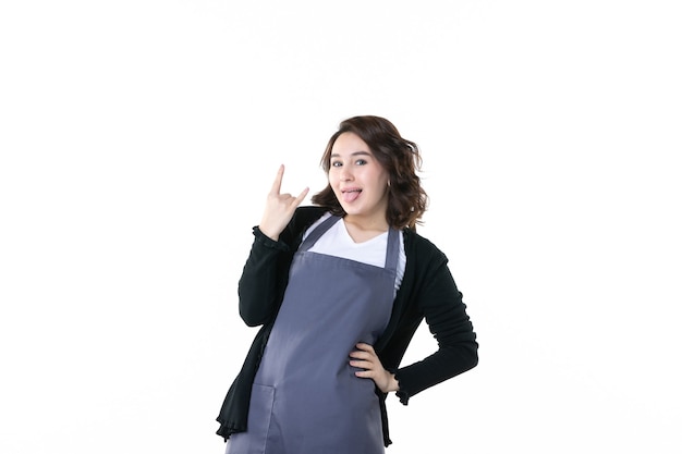 front view female gardener posing on white background woman color garden tree green bush flower uniform emotion