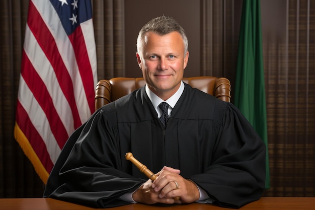 Photo front view of female judge with gavel