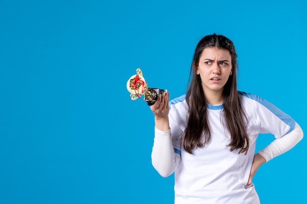 Front view female player with trophy