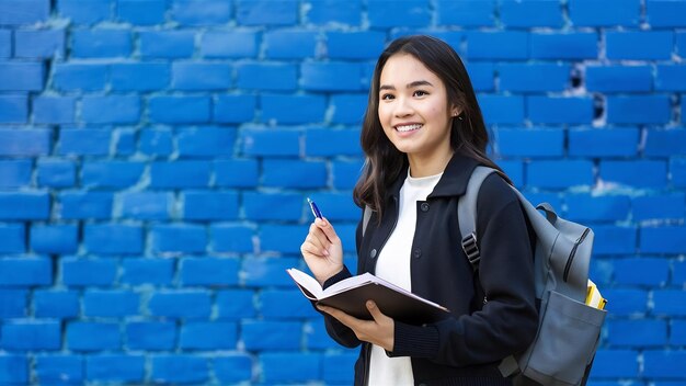 Front view female student in black jacket wearing backpack holding pen and copybook on the blue wal