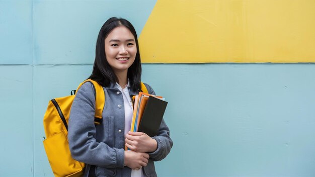 Front view of female student in grey jacket wearing her yellow backpack and holding files on light