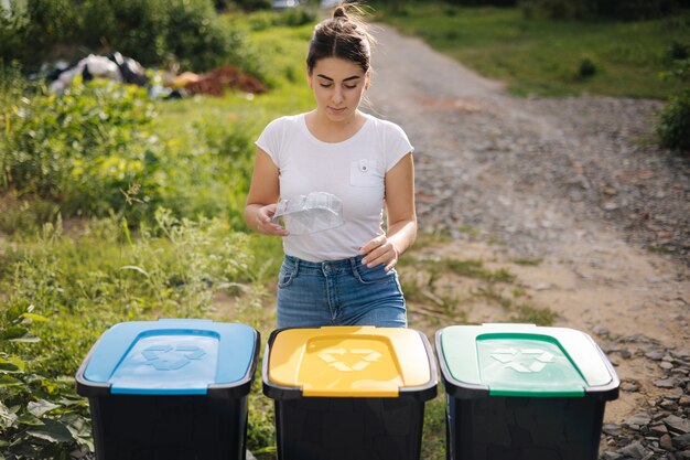 ごみ箱に捨てる女性の正面図きれいな空のプラスチック容器の異なる色