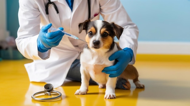 Первый вид женщины-ветеринара, впрыгивающей маленькой собачке на желтом полу болезнь животного милая