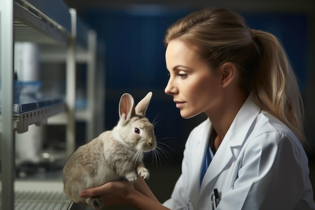 Photo front view of female veterinarian observing rabbit