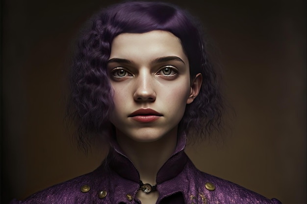 Front view of a feminist woman with purple jacket and recombed hair on a dark background Generative AI