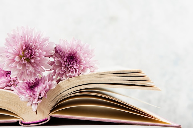 Foto vista frontale del fiore sul libro aperto