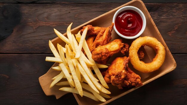 A front view french fries with fried chicken wings and onion rings with ketchup on the brown wooden