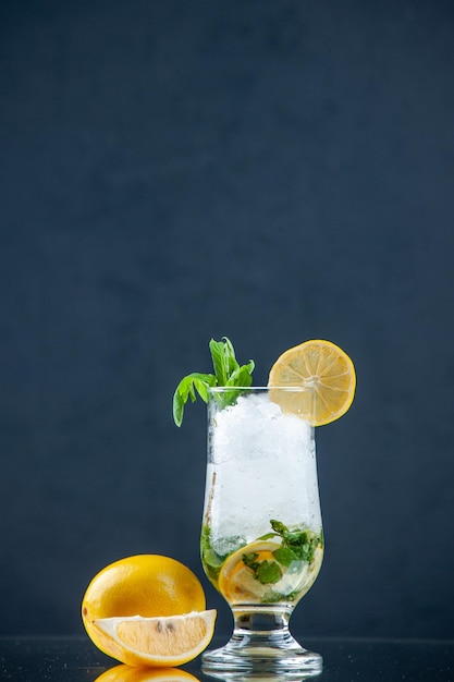 front view fresh cool cocktail with lemon and ice on dark background drink color bar water lemonade cold ice