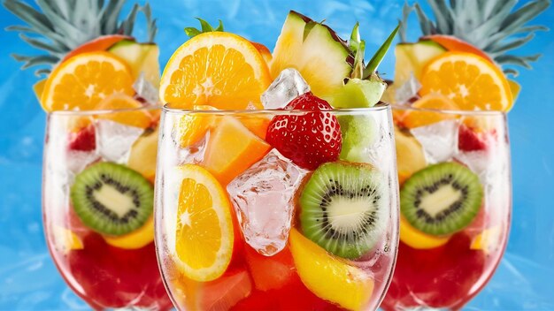 A front view fresh fruit cocktails with fresh fruit slices ice cooling on blue drink juice cocktai
