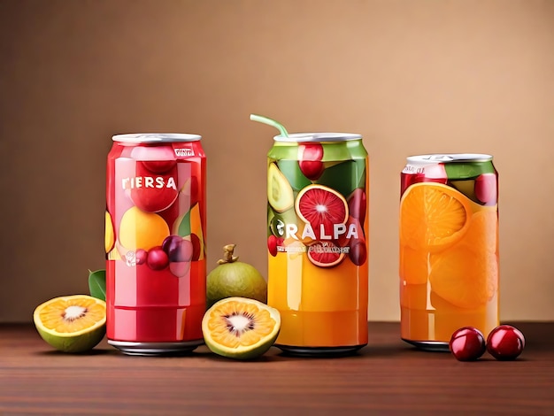 Front view fresh fruity juice orange feijoa and cranberry drinks inside cans on brown desk drink