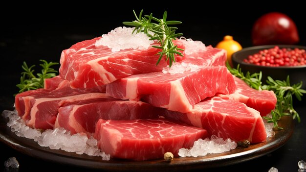 正面から見た新鮮な肉は、暗い背景に生の肉をスライスします