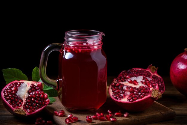 Front view fresh pomegranate fruit juice garnished composition