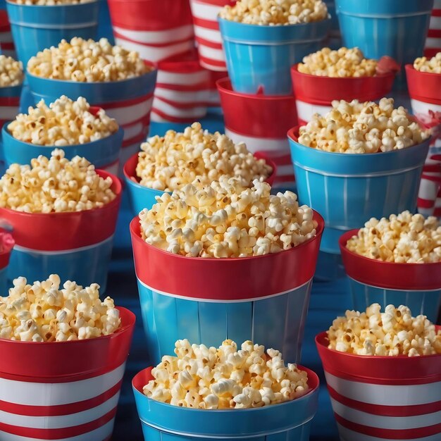 A front view fresh popcorn inside colored baskets along with birthday cap on blue cinema movie snac