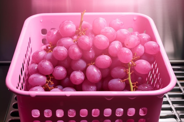 Front view of fresh sour grapes inside basket on pink wall