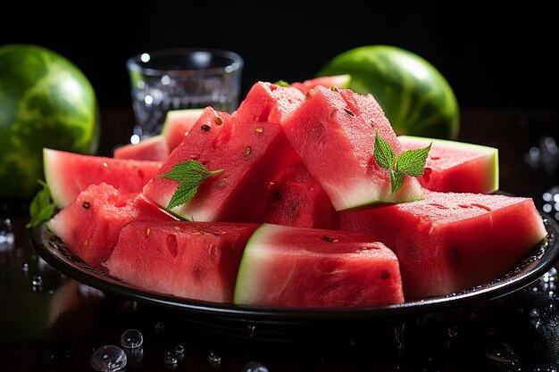 Photo front view of fresh and sweet sliced watermelon