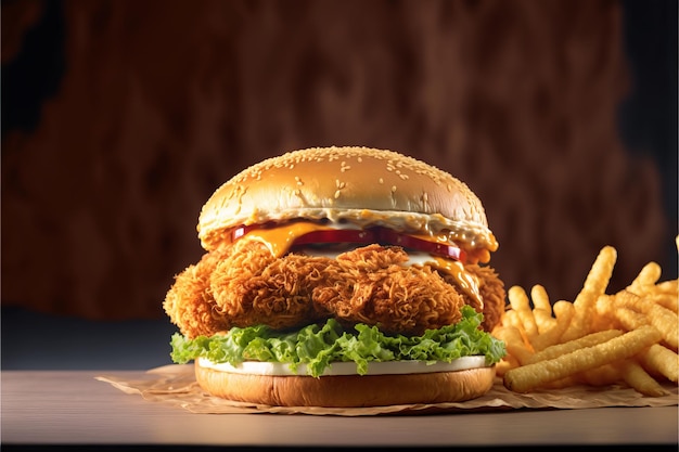 Front view fried chicken burger with salad and sesame seeds