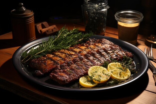 A front view fried meat with greens inside dark plate on the brown wooden desk meal food dinner