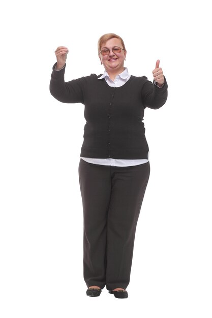 Front view of friendly caucasian smiling woman holding keys