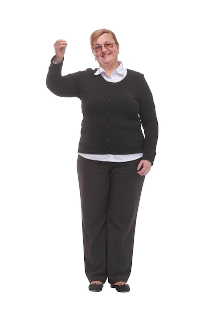 Front view of friendly caucasian smiling woman holding keys