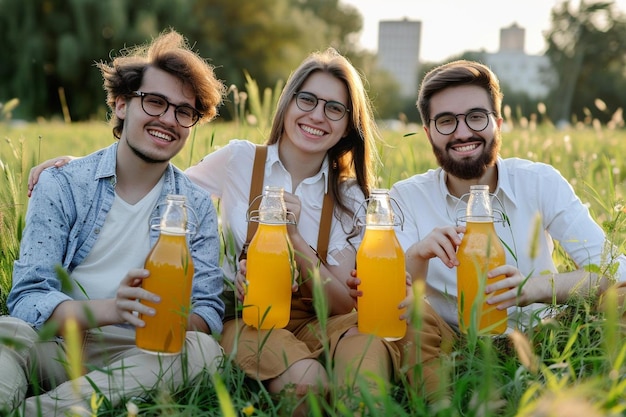front view friends with delicious kombucha outdoors