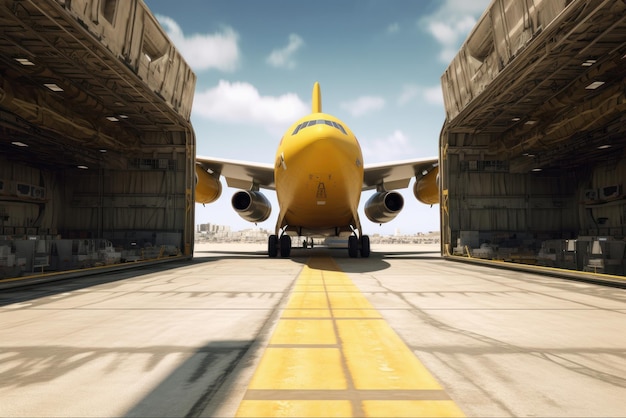 Front view from the ground of a cargo plane at the airport Loading transport aircraft in the cargo terminal of the airport International freight transport and logistics concept 3D illustration