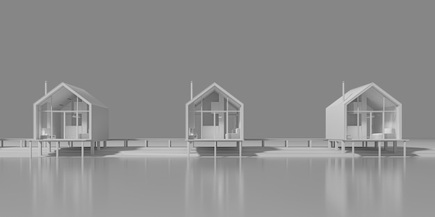 Front view of the front facade of several rural houses in the style of barnhouse lined up by the lake. Concept art in gray tones with evening warm and cold lighting with copy space