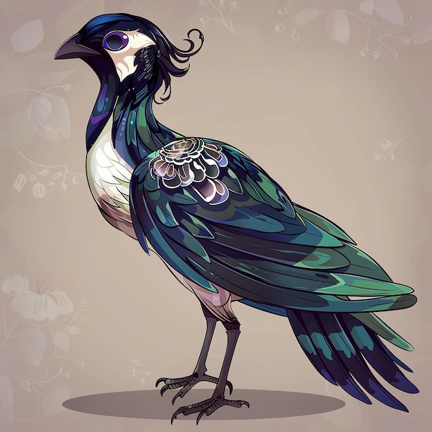 front view full body shot half swallow half crow half peacock fusion bird cartoon illustration