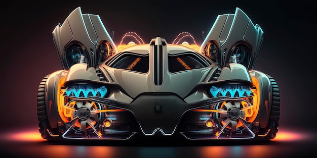 Front view of futuristic neon illuminated car with doors lifted up