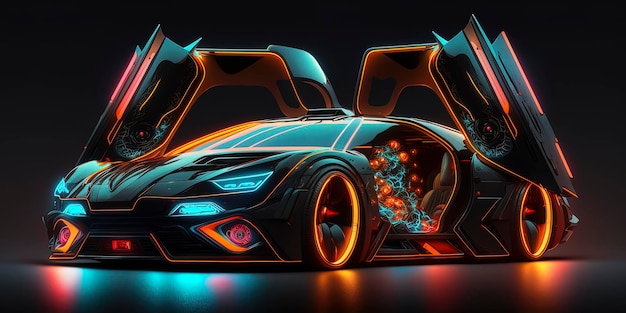 Front view of futuristic neon illuminated car with doors lifted up