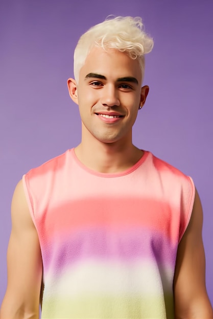 Photo front view of gay man 20s bleached hair wearing sleeveless pink gradient shirt ai generated