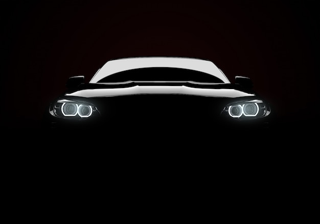 Photo front view of a generic and brandless modern car with lights on a black background