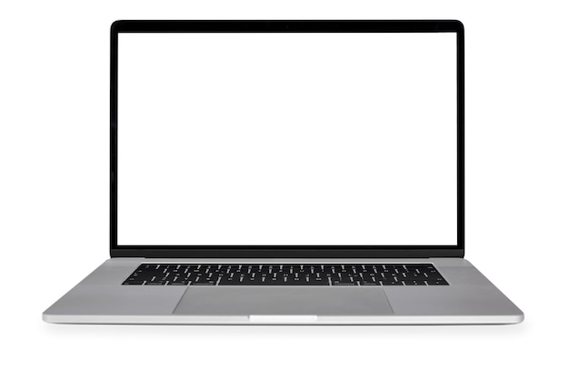 Front view of a generic modern laptop with a white screen and isolated on a white background copy space