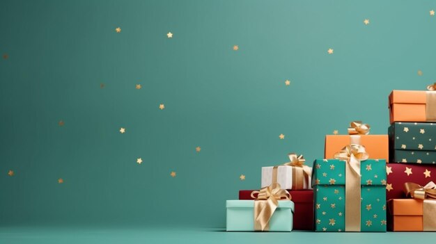 Front view of gift boxes on green background