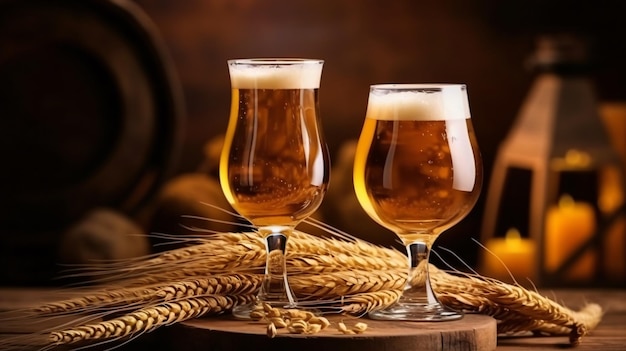 front view of glasses of beer with wheat