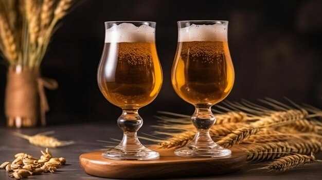 front view of glasses of beer with wheat