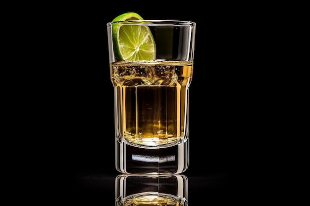 Front view gold tequila shot with lime and copy