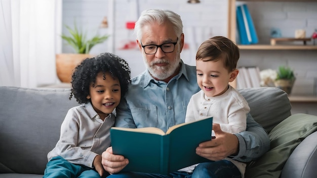 Front view grandpa reading for grandson