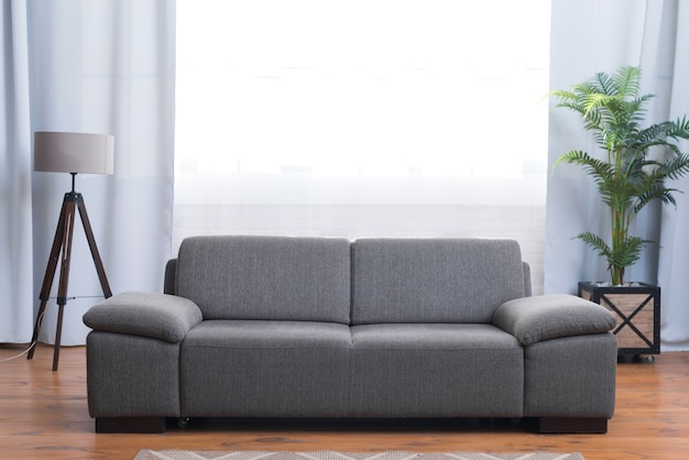 Front view of gray couch in living room