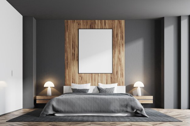 Вид спереди на серую и темную деревянную спальню с вертикальным плакатом на темной деревянной стене и кроватью с серым одеялом. 3d рендеринг макет