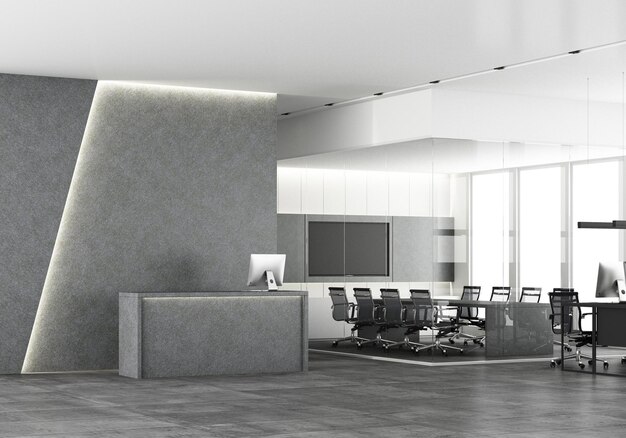 Front view of a gray marble reception desk with laptops
standing on it in front of a modern office lighting wall with wall
design concrete and meeting room on gray tile floor 3d rendering
mock up