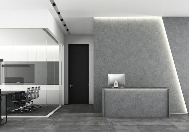 Front view of a gray marble reception desk with laptops\
standing on it in front of a modern office lighting wall with wall\
design concrete and meeting room on gray tile floor 3d rendering\
mock up