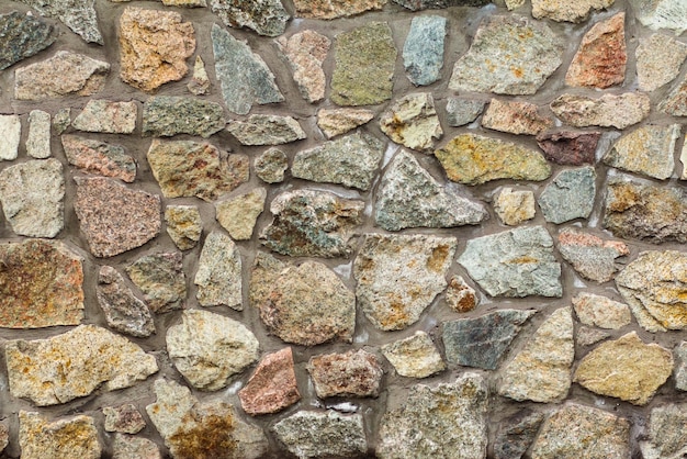 セメント溶液と灰色の石の壁の正面図。天然石の質感
