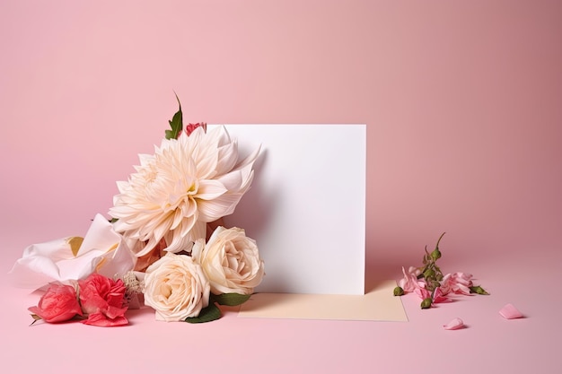 Front view of greeting card or invitation decorated with flowers and pink gradient background