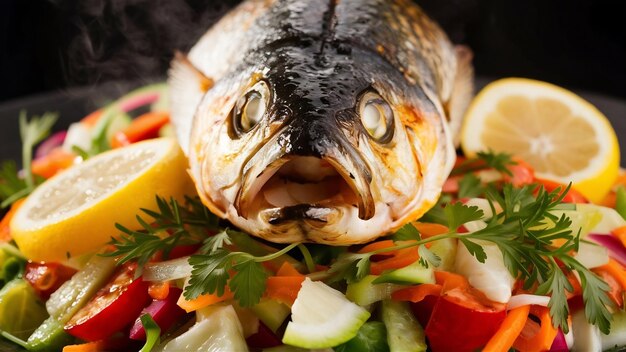 Front view grilled fish with a salad of vegetables and herbs with a slice of lemon