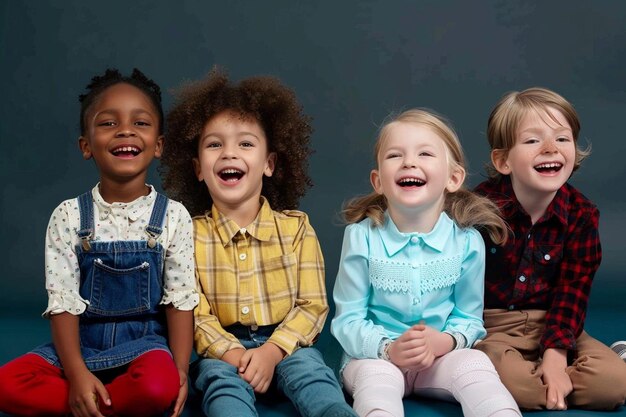 Foto vista anteriore di un gruppo di bambini felici seduti