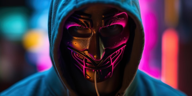 カラフルなネオンの背景にマスクとパーカーを着たハッカーの正面図