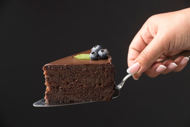 Front view of hand holding chocolate cake slice